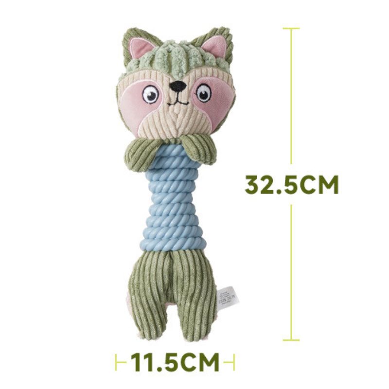 Civet cat dog toy with a green plush head, blue rope body, and gallery labels of 32.5 by 11.5 centimeters