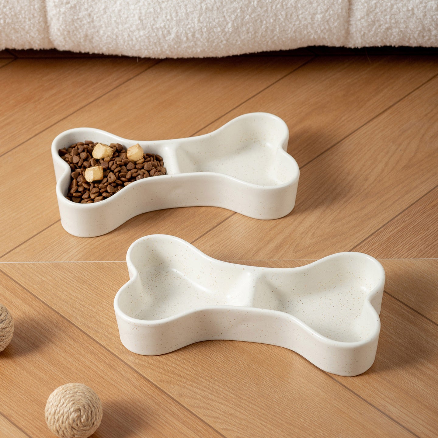 Elevated Divided Ceramic Pet Bowl – Bone-Shaped Food & Water Bowl