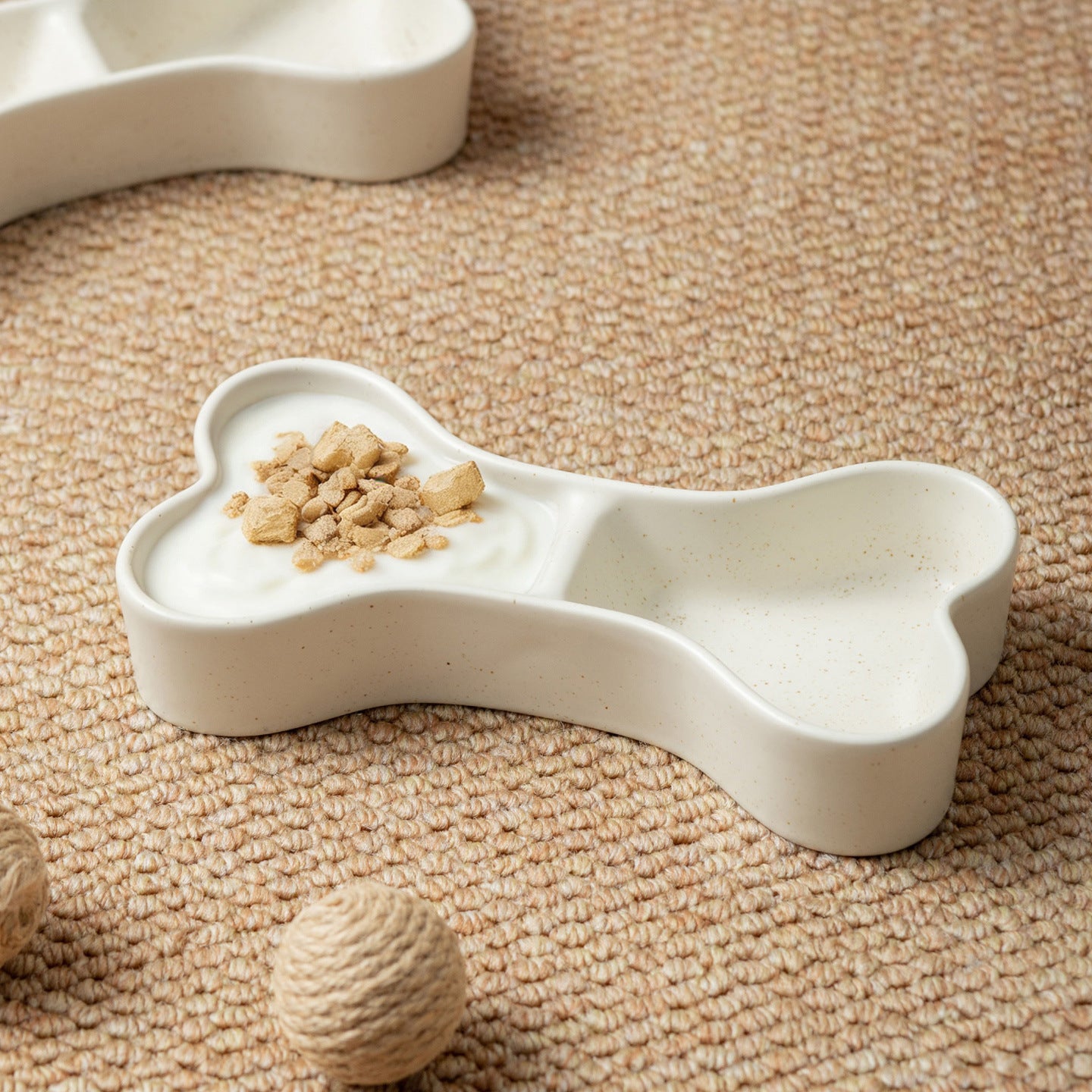 Elevated Divided Ceramic Pet Bowl – Bone-Shaped Food & Water Bowl