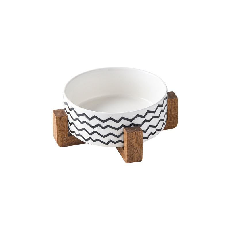 Stylish Ceramic Pet Bowl on Wooden Stand – Modern Line Design