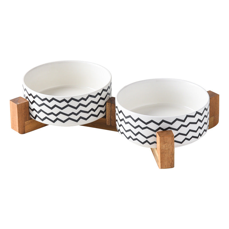 Stylish Ceramic Pet Bowl on Wooden Stand – Modern Line Design