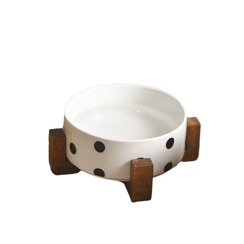 Stylish Ceramic Pet Bowl on Wooden Stand – Modern Line Design