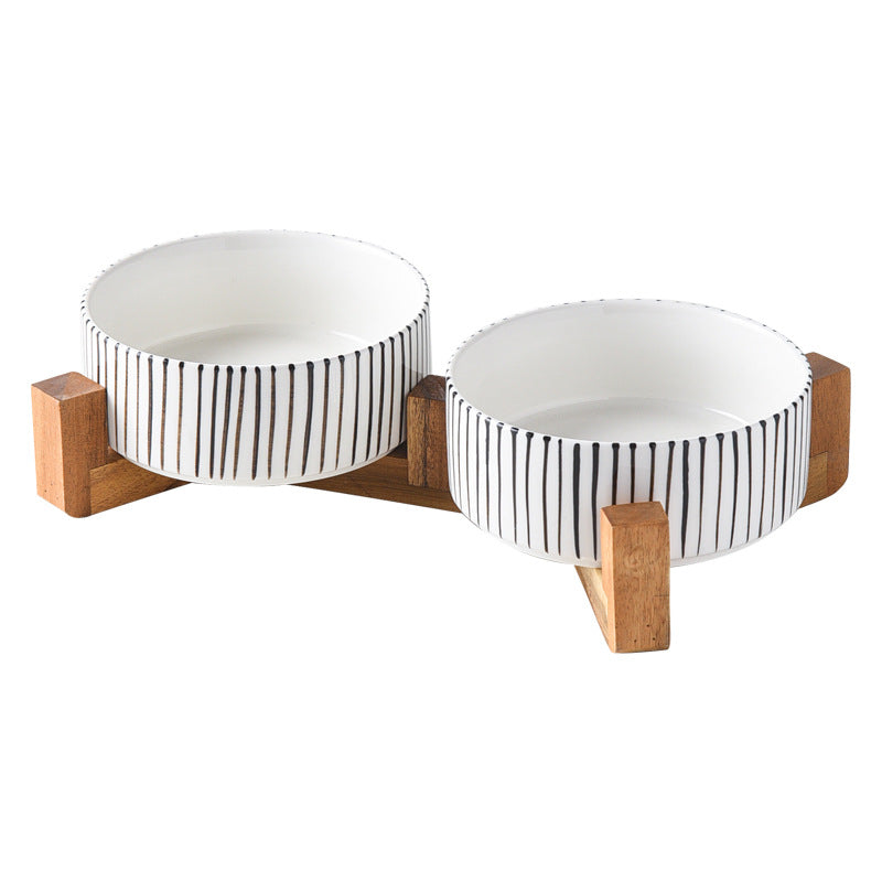 Stylish Ceramic Pet Bowl on Wooden Stand – Modern Line Design