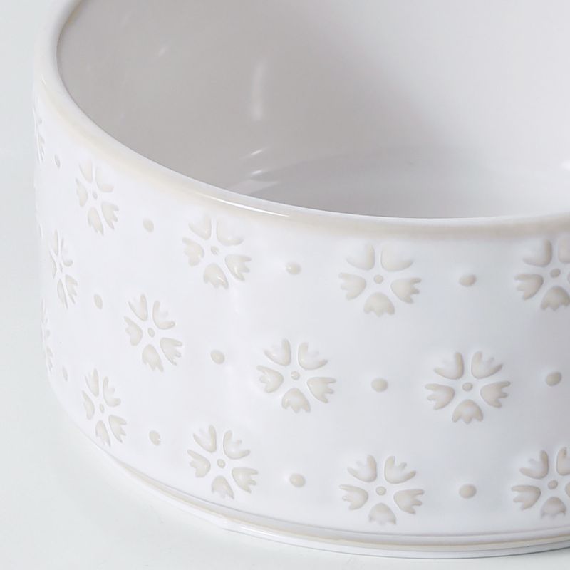 Embossed Ceramic pet Bowl with Natural Acacia Wood Base | Oriental Aesthetic Design