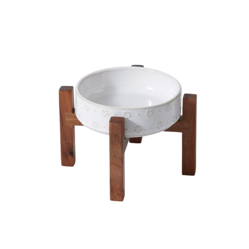 Acacia Wood Base Embossed Pet Bowl | Oriental Aesthetic, Friendly for Small & Medium Pets