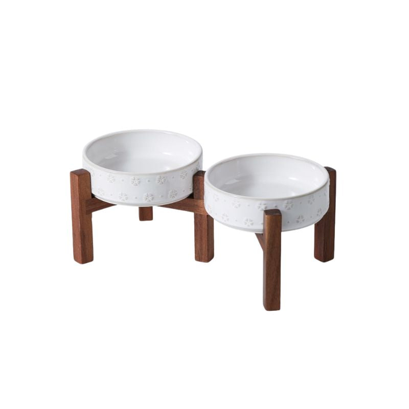 Embossed Ceramic Pet Bowl with Natural Acacia Wood Base Dogs