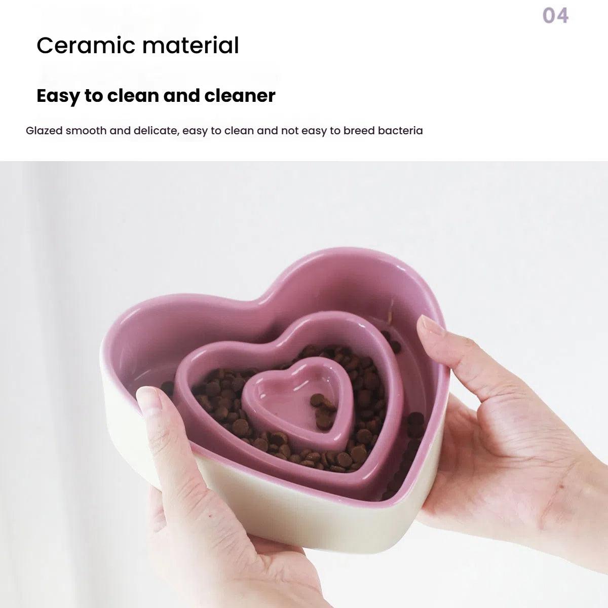 Ceramic heart-shaped slow food bowl, ceramic cat rice bowl, cute dog slow food, anti choking pet bowl - NoKa&AuroraStone
