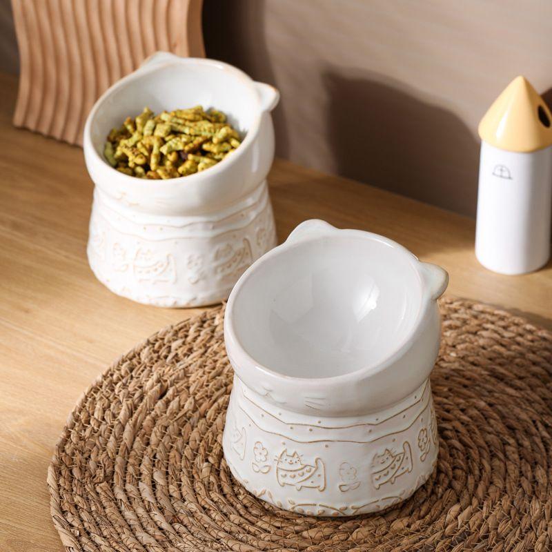 Cat Bowl Ceramic High Foot Oblique Mouth Protection Cervical Vertebrae Shallow Mouth Cat Food Basin Anti-overturning Large Diameter Dog Household Food Bowl - NoKa&AuroraStone