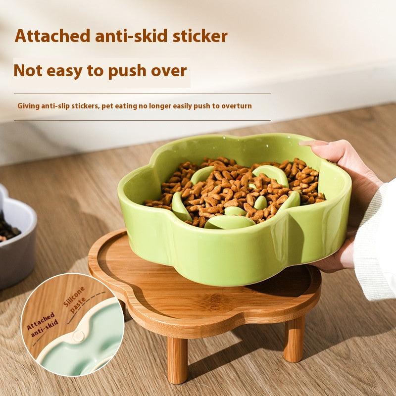 Ceramic Slow Food Bowl anti-choke cat food bowl prevent black chin small dog cat neck protection with wooden frame slow food bowl - NoKa&AuroraStone