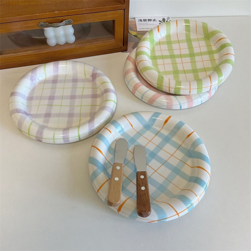 Plaid Ceramic Cat Dish – Available in Four Colors, Easy to Clean, Non-Slip Design