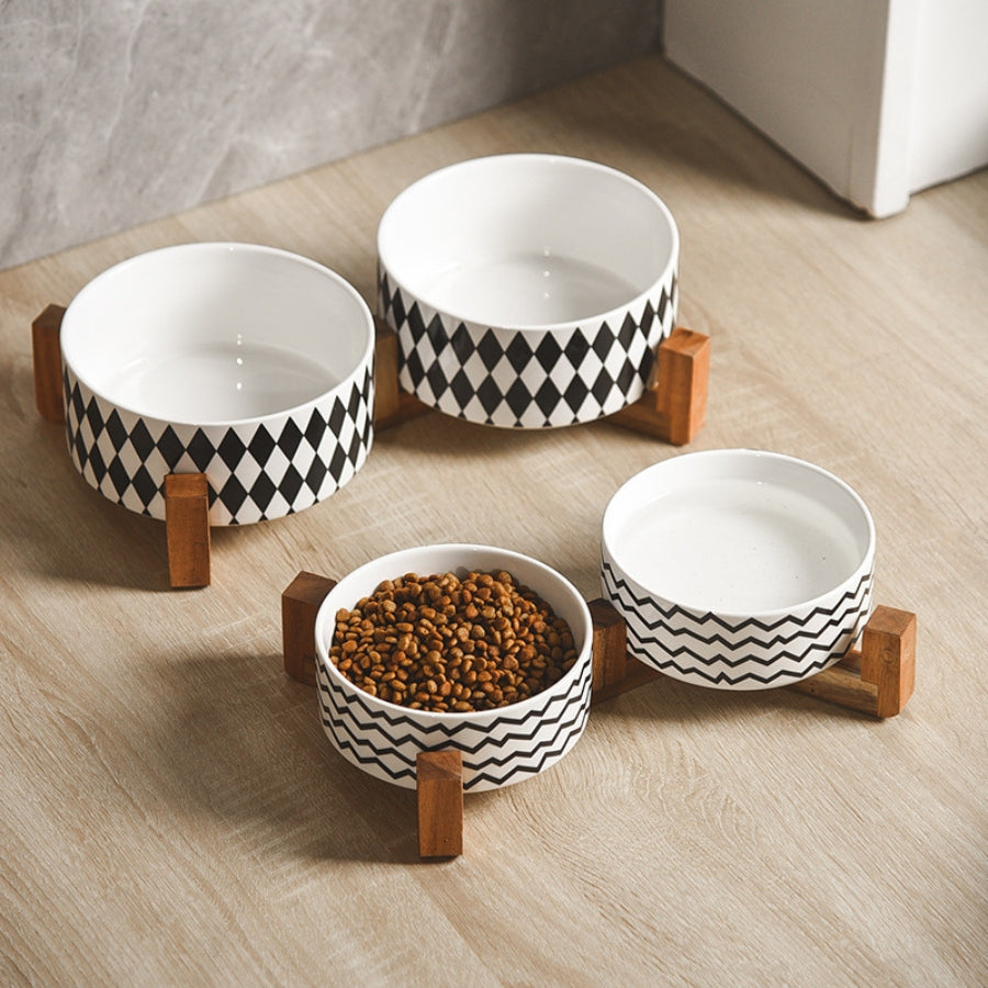 Stylish Ceramic Pet Bowl on Wooden Stand – Modern Line Design