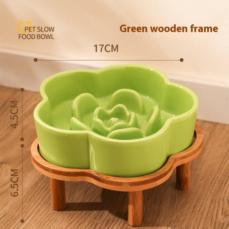 Ceramic Slow Food Bowl anti-choke cat food bowl prevent black chin small dog cat neck protection with wooden frame slow food bowl - NoKa&AuroraStone