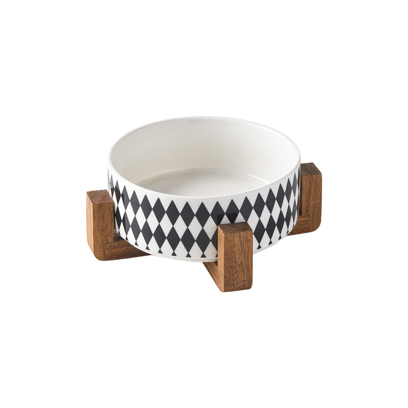 Stylish Ceramic Pet Bowl on Wooden Stand – Modern Line Design