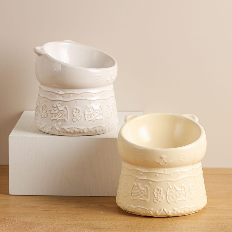 Cat Bowl Ceramic High Foot Oblique Mouth Protection Cervical Vertebrae Shallow Mouth Cat Food Basin Anti-overturning Large Diameter Dog Household Food Bowl - NoKa&AuroraStone
