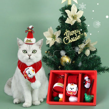 5pcs Christmas Pet Scarf & Hat Gift Set – Holiday Plush Outfit for Cats & Small Dogs