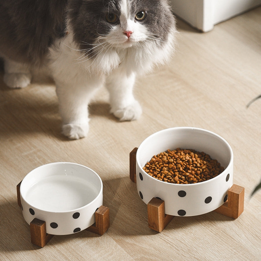 Stylish Ceramic Pet Bowl on Wooden Stand – Modern Line Design
