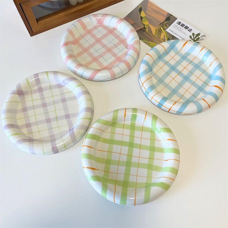 Plaid Ceramic Cat Dish – Available in Four Colors, Easy to Clean, Non-Slip Design