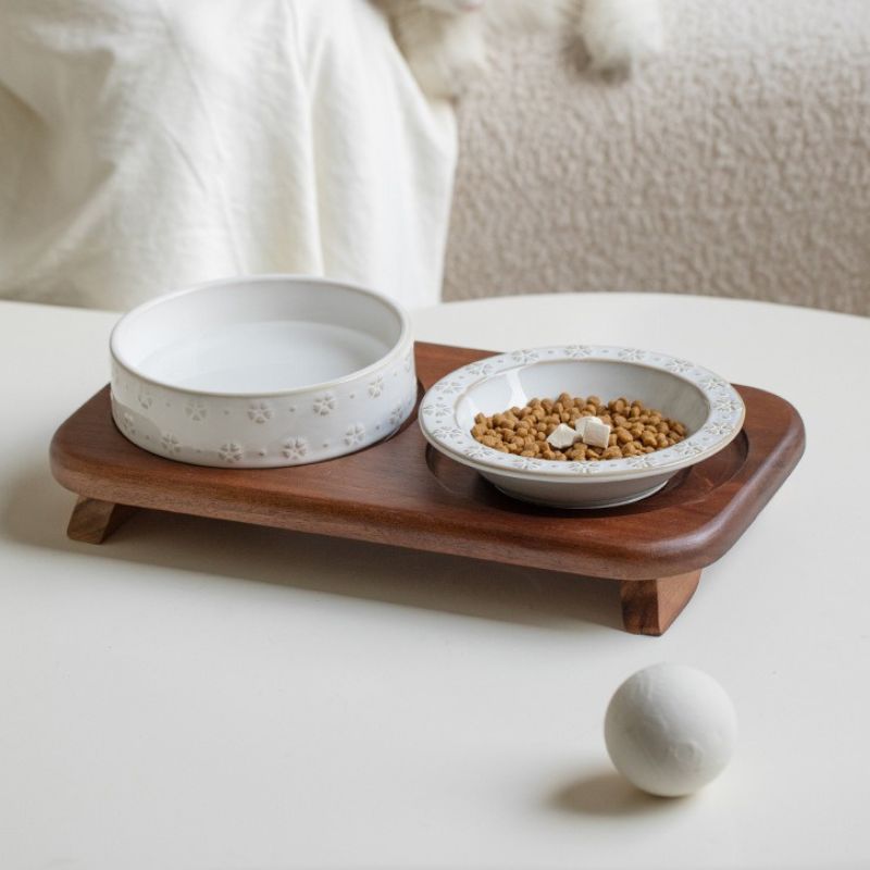 Embossed Ceramic pet Bowl with Natural Acacia Wood Base | Oriental Aesthetic Design