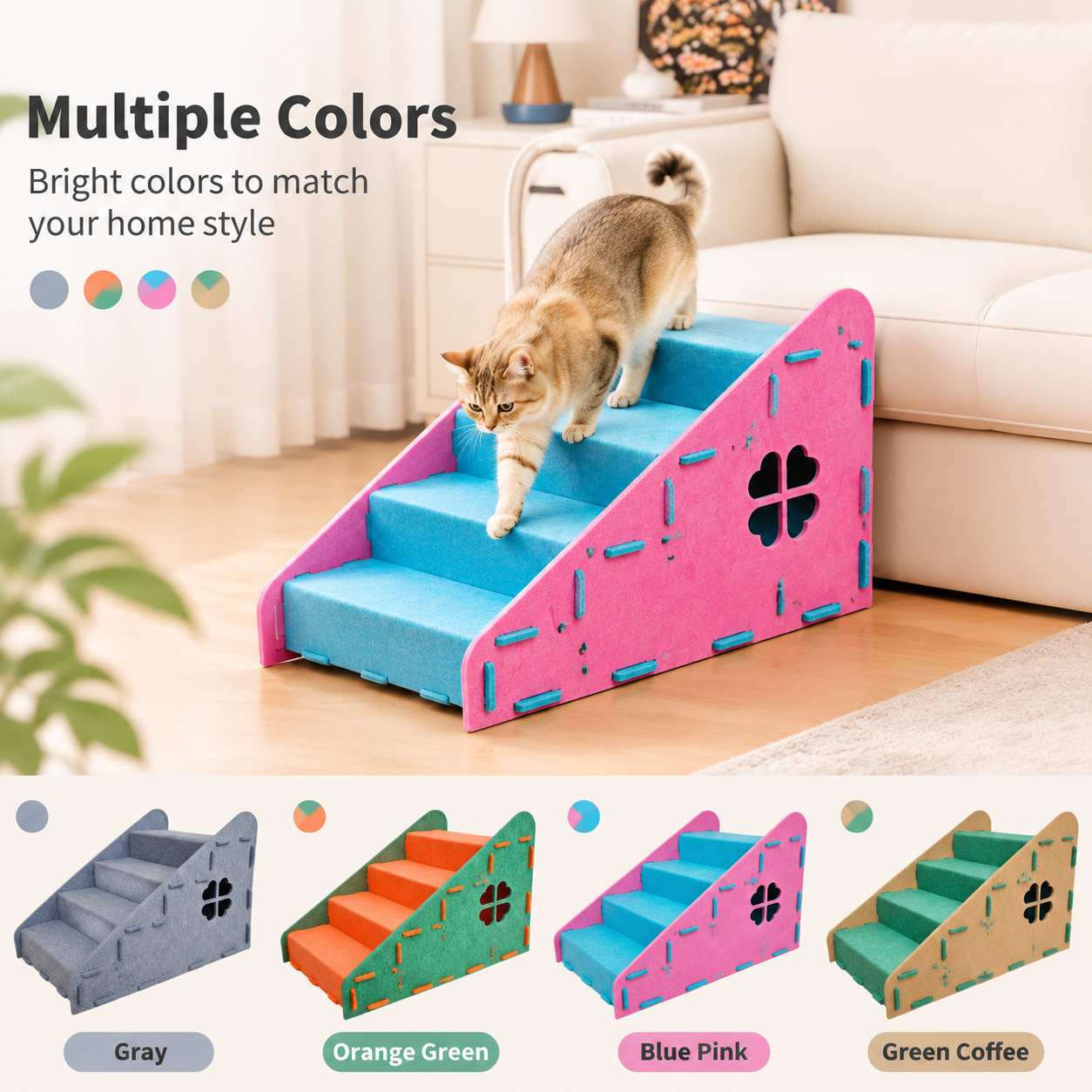 Felt Pet Stairs with Hideout – 4-Step Cat & Small Dog Stairs for Bed and Sofa