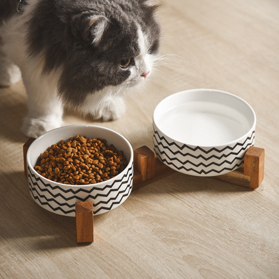 Stylish Ceramic Pet Bowl on Wooden Stand – Modern Line Design