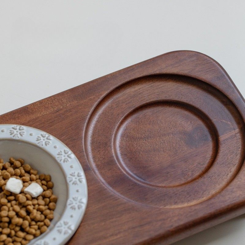 Embossed Ceramic pet Bowl with Natural Acacia Wood Base | Oriental Aesthetic Design