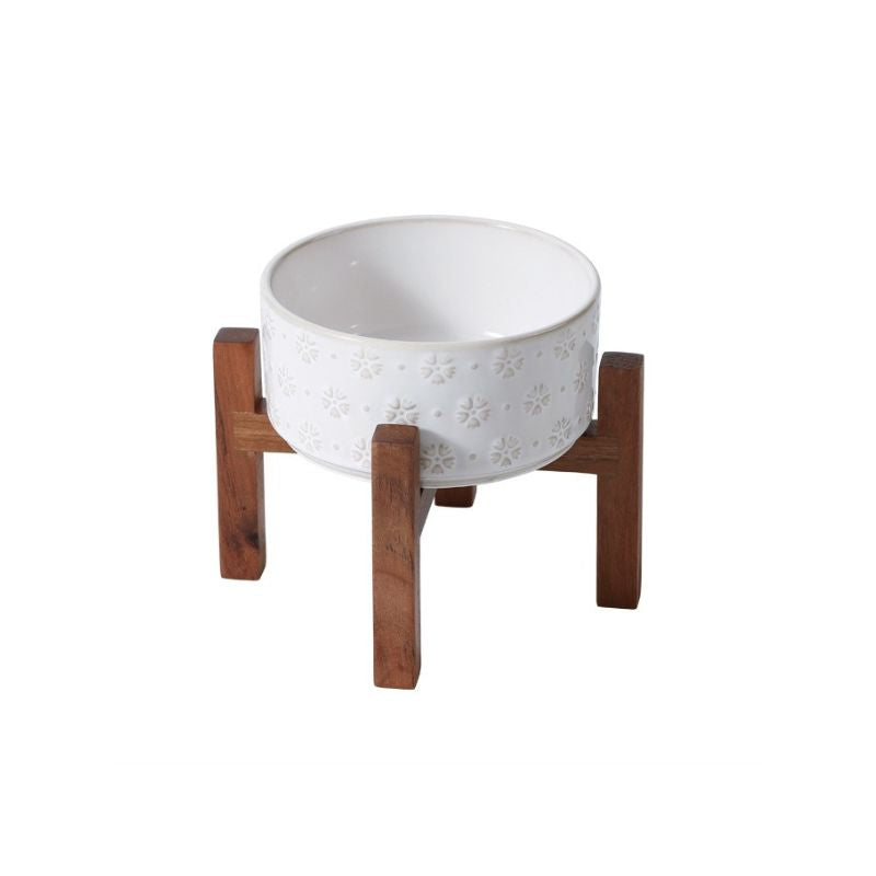 Acacia Wood Base Embossed Pet Bowl | Oriental Aesthetic, Friendly for Small & Medium Pets
