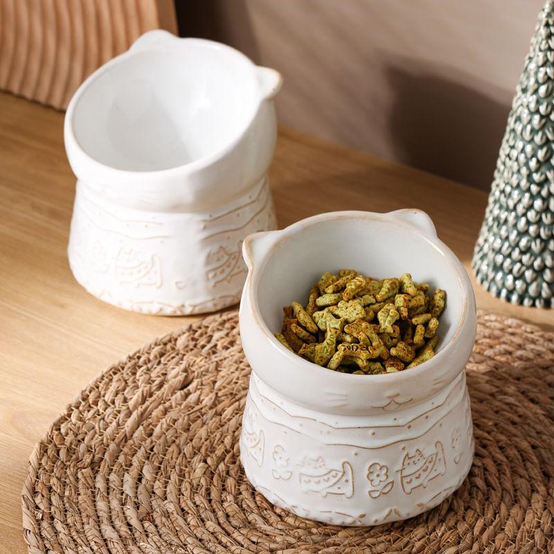 Cat Bowl Ceramic High Foot Oblique Mouth Protection Cervical Vertebrae Shallow Mouth Cat Food Basin Anti-overturning Large Diameter Dog Household Food Bowl - NoKa&AuroraStone