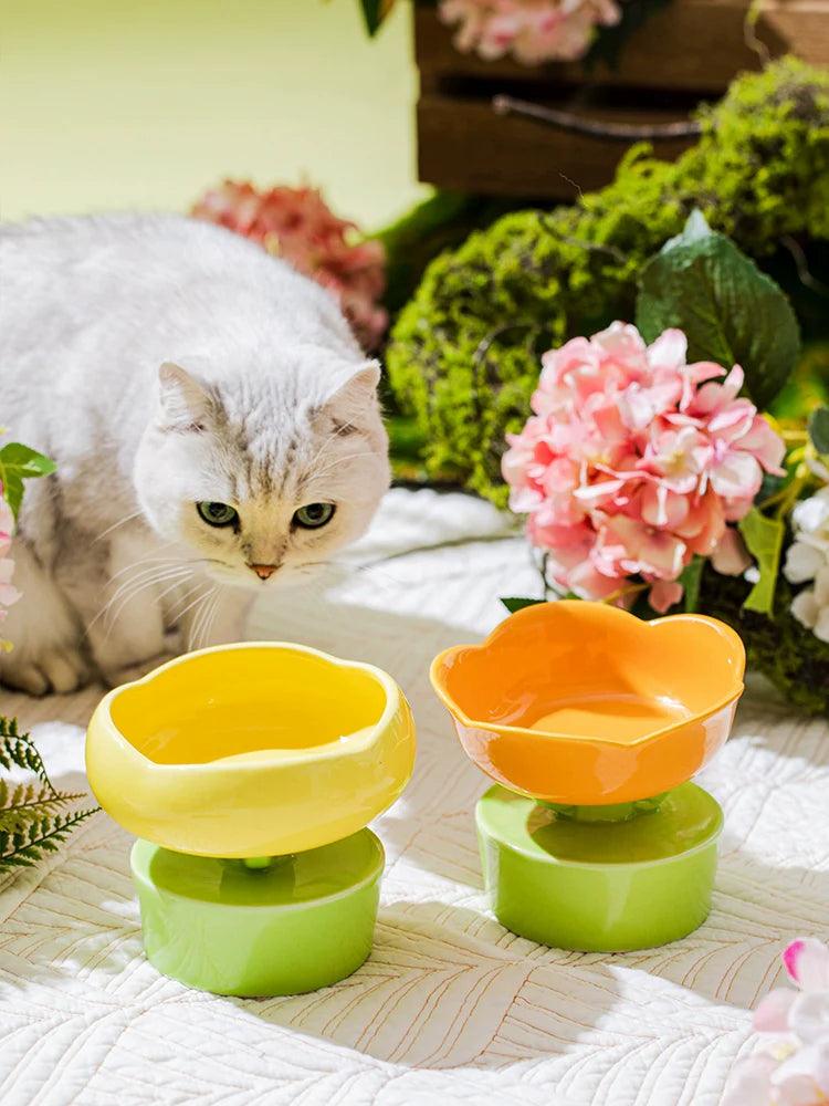 Flower Cat Bowl Ceramic High Foot Cat Food Basin Cat Drinking Bowl Dog Water Bowl Anti-knock - NoKa&AuroraStone