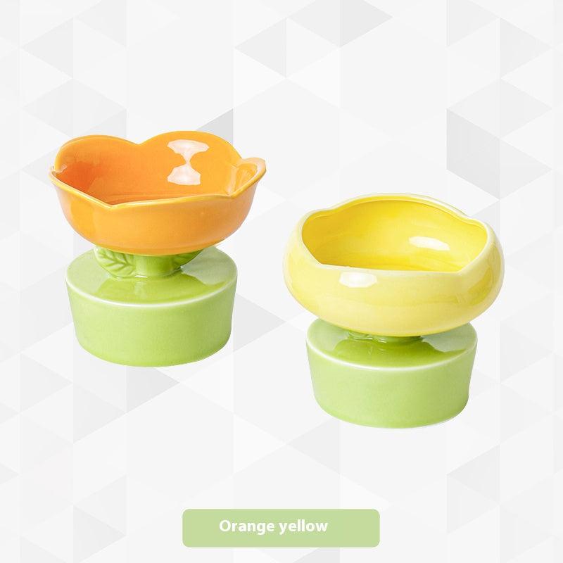 Flower Cat Bowl Ceramic High Foot Cat Food Basin Cat Drinking Bowl Dog Water Bowl Anti-knock - NoKa&AuroraStone