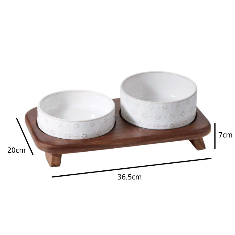 Embossed Ceramic pet Bowl with Natural Acacia Wood Base | Oriental Aesthetic Design