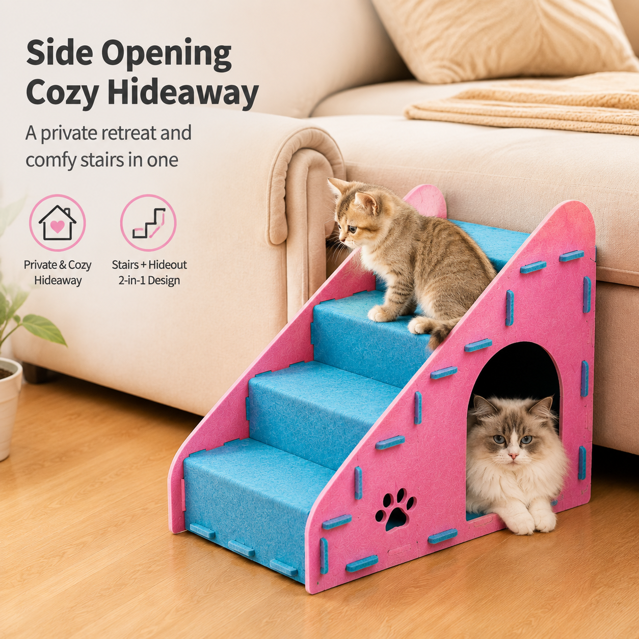 Felt Pet Stairs with Hideout – 4-Step Cat & Small Dog Stairs for Bed and Sofa