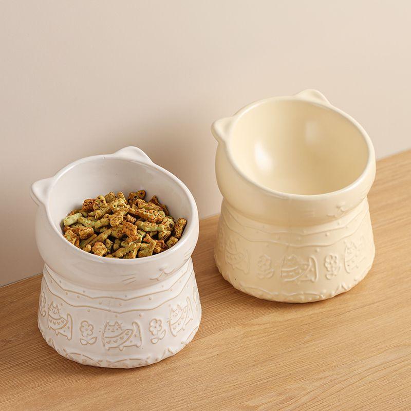 Cat Bowl Ceramic High Foot Oblique Mouth Protection Cervical Vertebrae Shallow Mouth Cat Food Basin Anti-overturning Large Diameter Dog Household Food Bowl - NoKa&AuroraStone