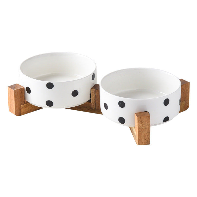 Stylish Ceramic Pet Bowl on Wooden Stand – Modern Line Design