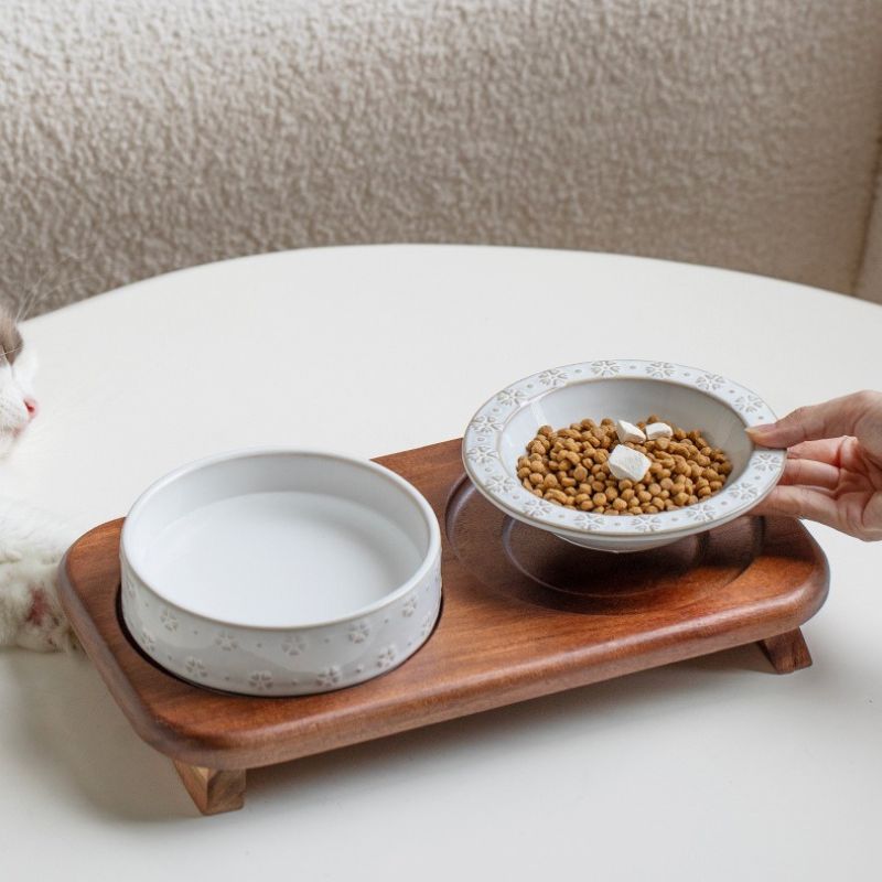 Embossed Ceramic pet Bowl with Natural Acacia Wood Base | Oriental Aesthetic Design