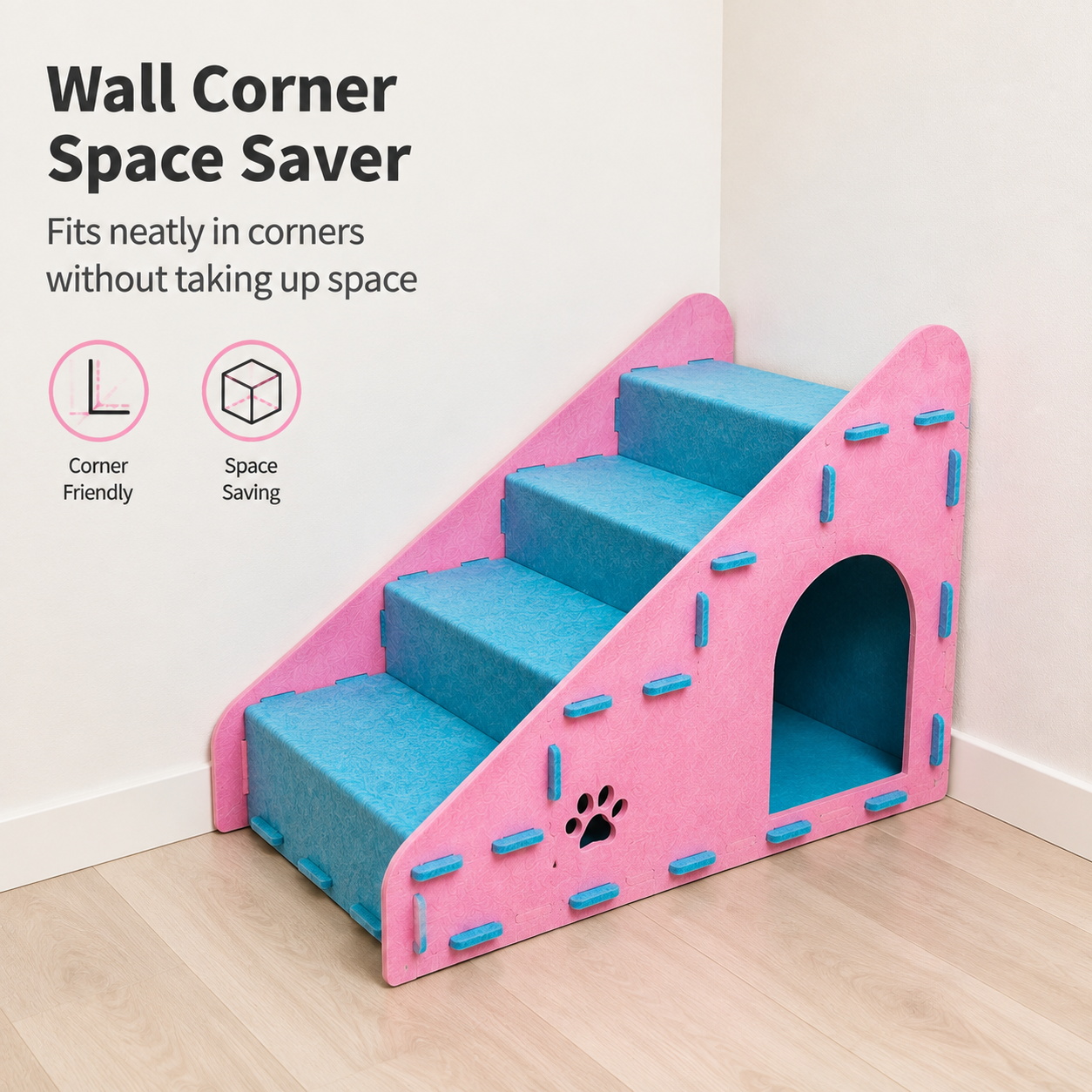 Felt Pet Stairs with Hideout – 4-Step Cat & Small Dog Stairs for Bed and Sofa