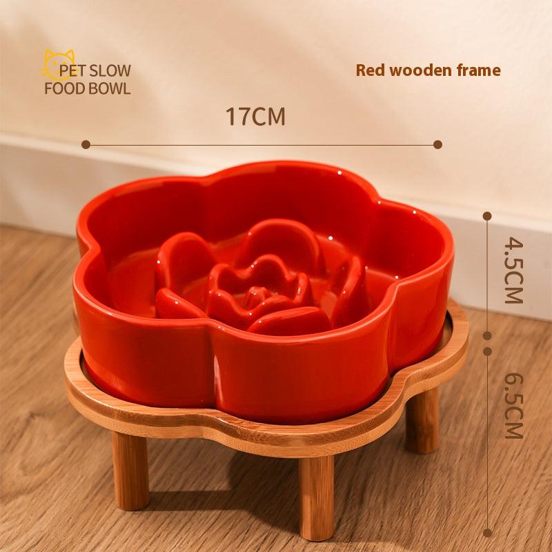 Ceramic Slow Food Bowl anti-choke cat food bowl prevent black chin small dog cat neck protection with wooden frame slow food bowl - NoKa&AuroraStone