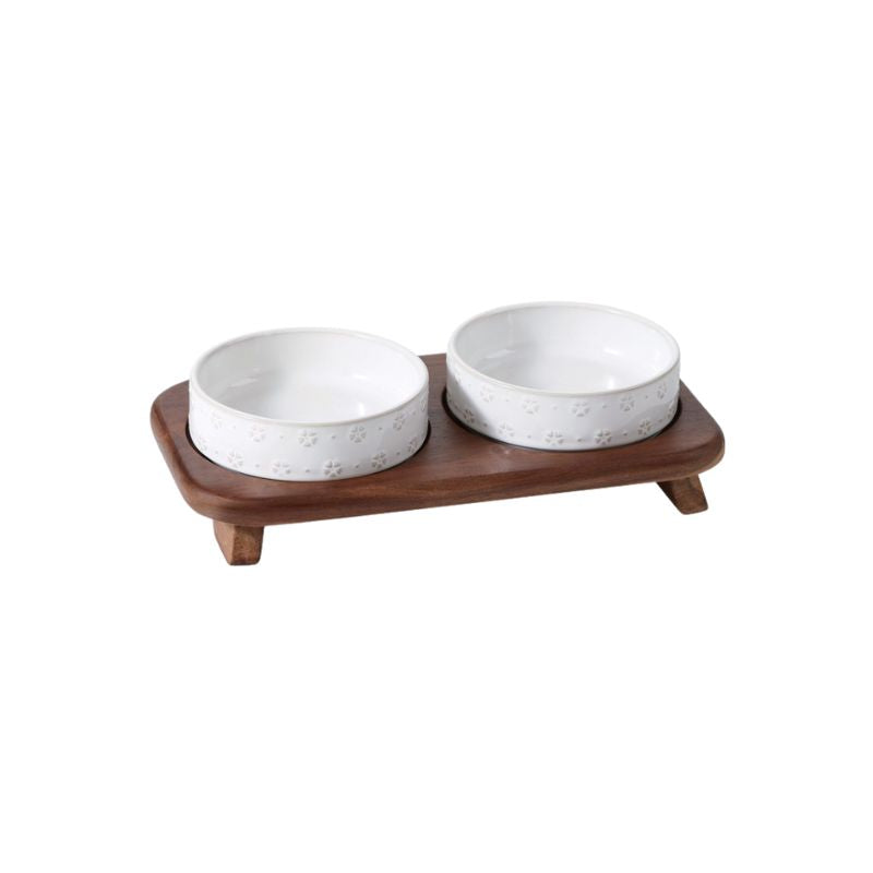Embossed Ceramic pet Bowl with Natural Acacia Wood Base | Oriental Aesthetic Design
