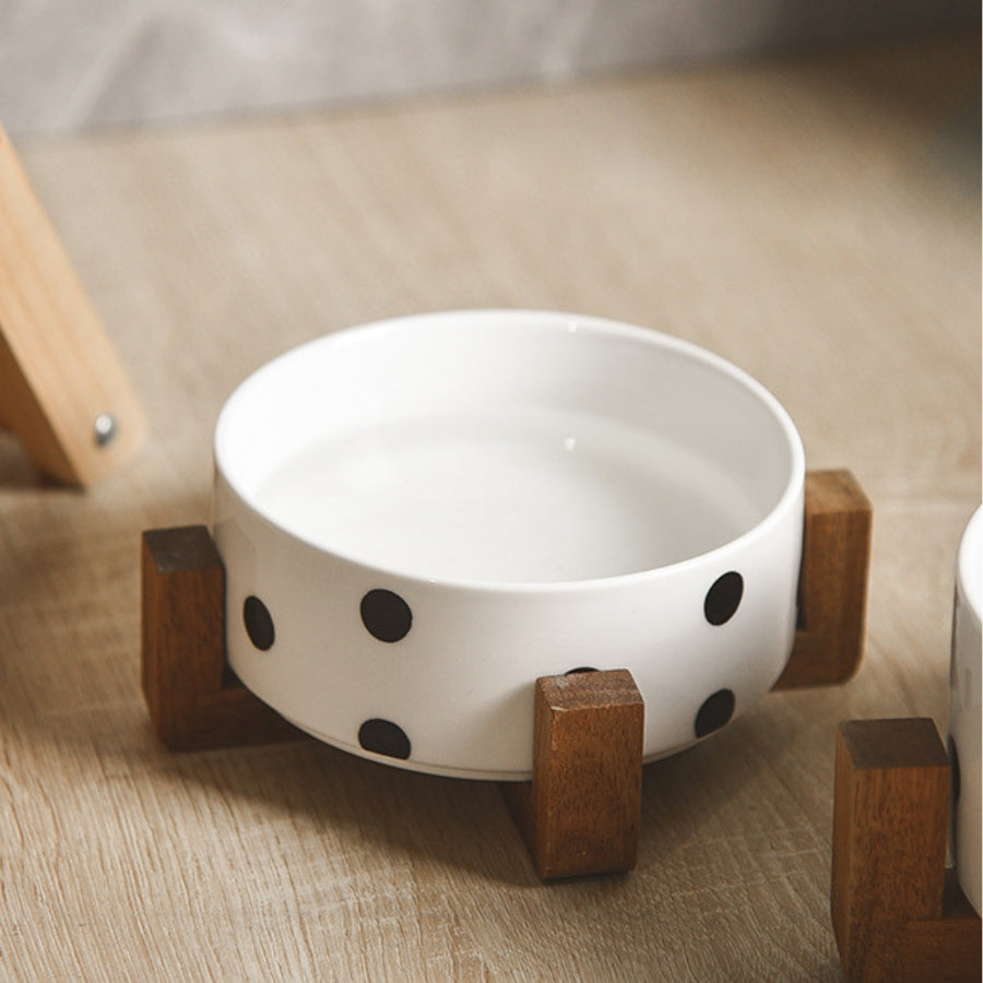 Stylish Ceramic Pet Bowl on Wooden Stand – Modern Line Design