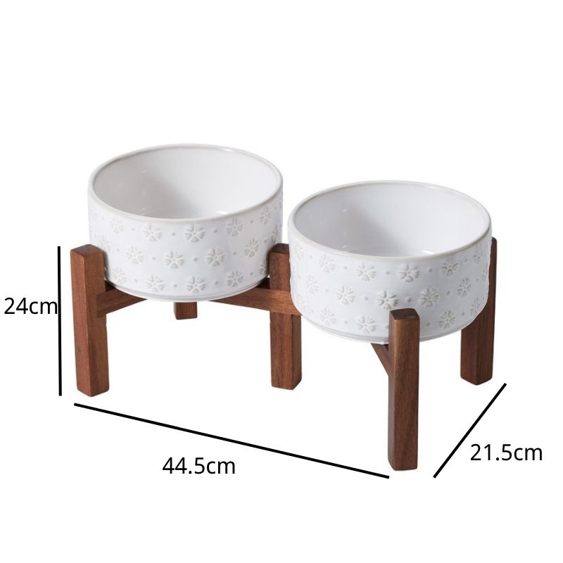 Embossed Ceramic Pet Bowl with Natural Acacia Wood Base Dogs