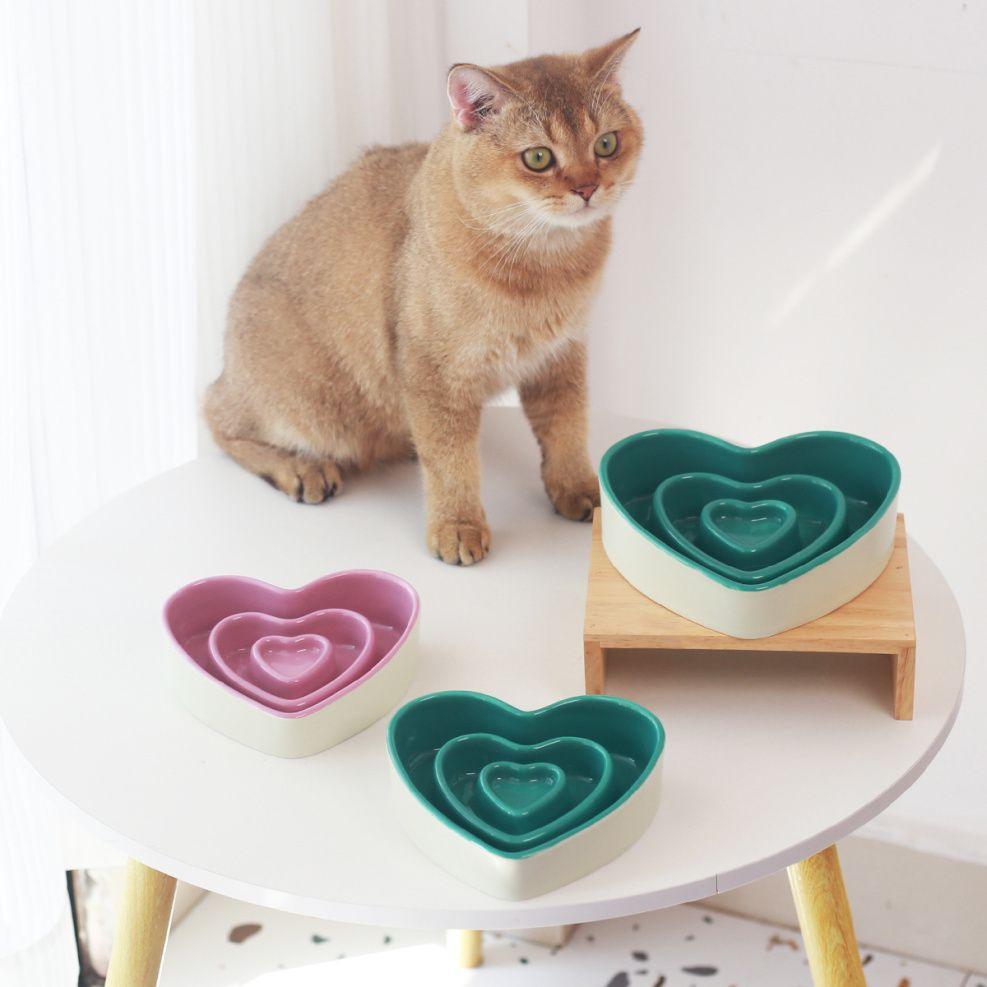 Ceramic heart-shaped slow food bowl, ceramic cat rice bowl, cute dog slow food, anti choking pet bowl - NoKa&AuroraStone