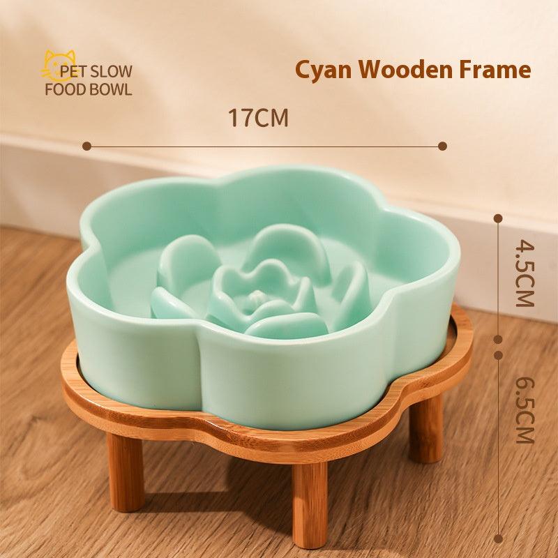 Ceramic Slow Food Bowl anti-choke cat food bowl prevent black chin small dog cat neck protection with wooden frame slow food bowl - NoKa&AuroraStone