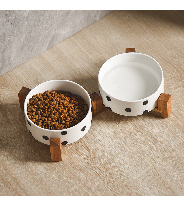 Stylish Ceramic Pet Bowl on Wooden Stand – Modern Line Design