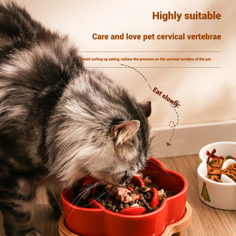 Ceramic Slow Food Bowl anti-choke cat food bowl prevent black chin small dog cat neck protection with wooden frame slow food bowl - NoKa&AuroraStone