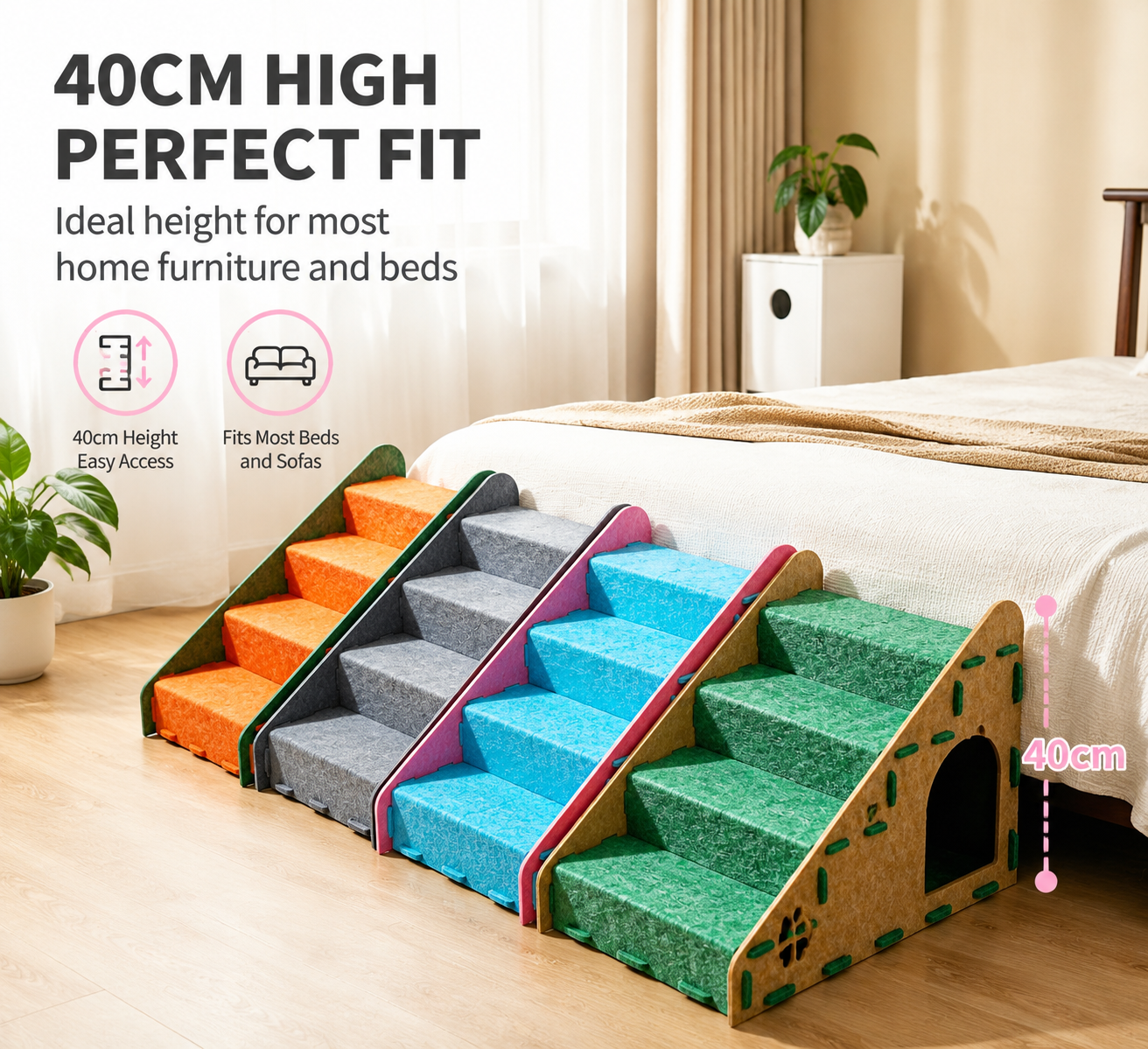 Felt Pet Stairs with Hideout – 4-Step Cat & Small Dog Stairs for Bed and Sofa