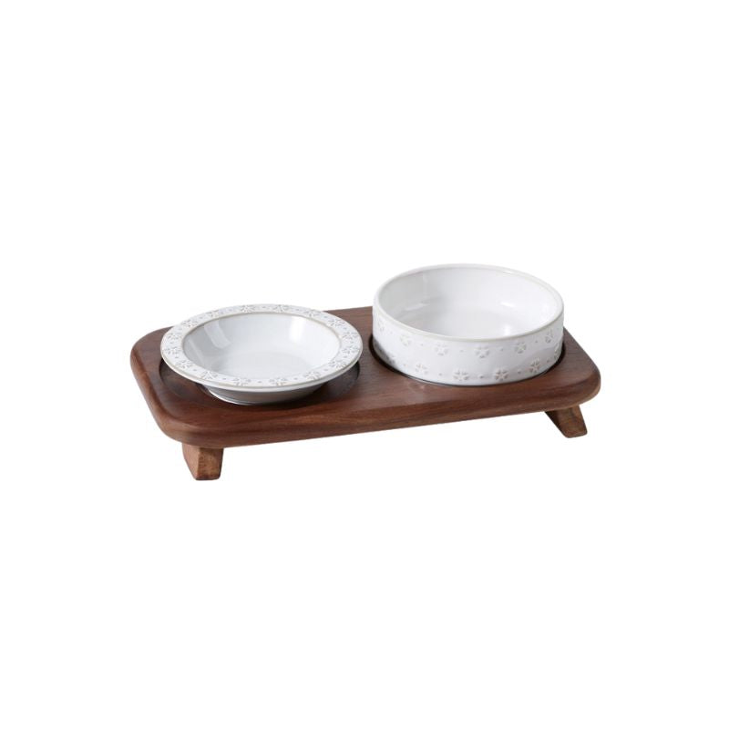 Embossed Ceramic pet Bowl with Natural Acacia Wood Base | Oriental Aesthetic Design