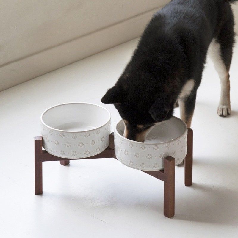 Embossed Ceramic Pet Bowl with Natural Acacia Wood Base Dogs