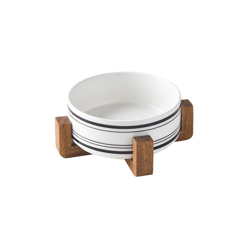 Stylish Ceramic Pet Bowl on Wooden Stand – Modern Line Design