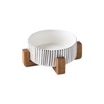 Stylish Ceramic Pet Bowl on Wooden Stand – Modern Line Design