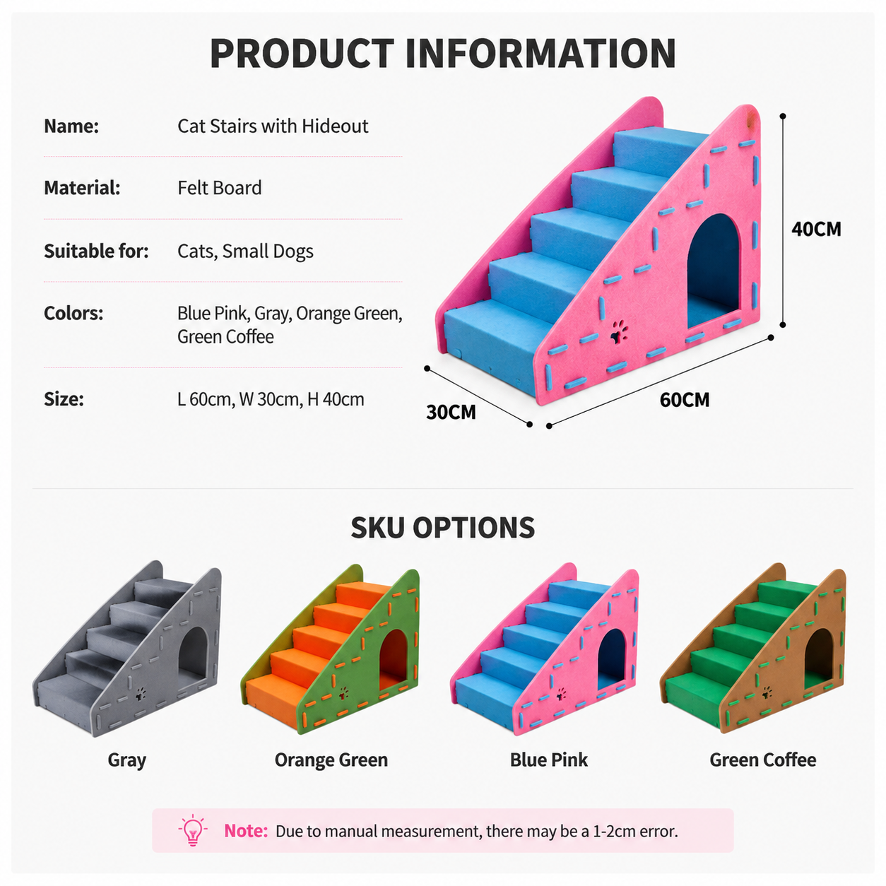 Felt Pet Stairs with Hideout – 4-Step Cat & Small Dog Stairs for Bed and Sofa
