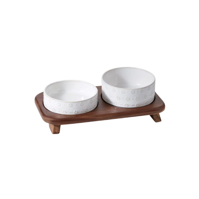 Embossed Ceramic pet Bowl with Natural Acacia Wood Base | Oriental Aesthetic Design